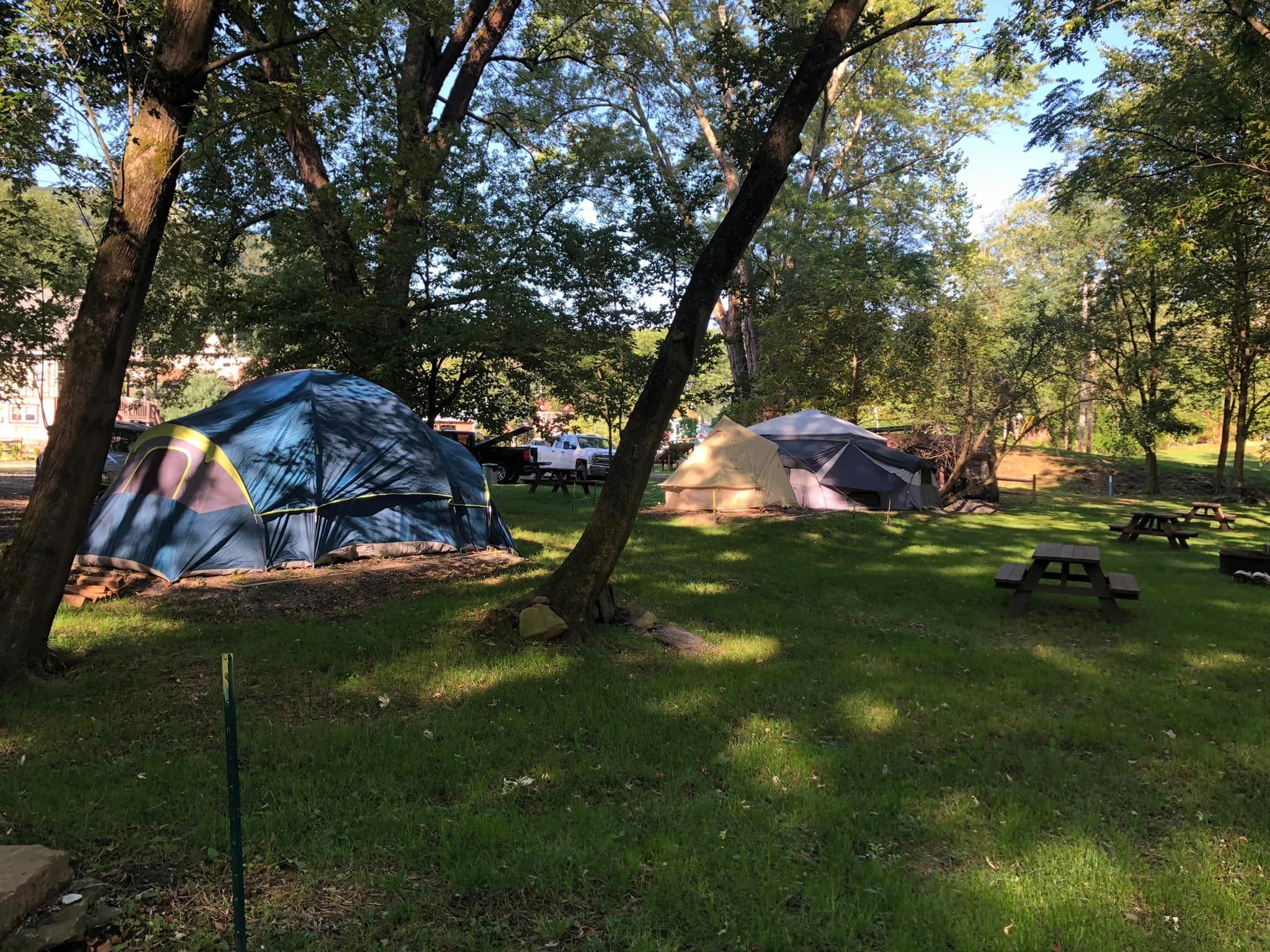 Many tents and picknick tables at the campground